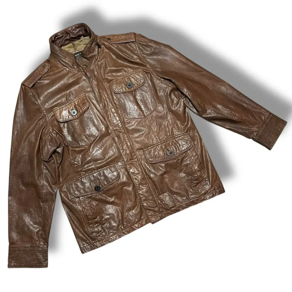 Andrew Marc Brown Leather Utility Moto Chore Jacket Mackinaw Style Sz L - Picture 1 of 10